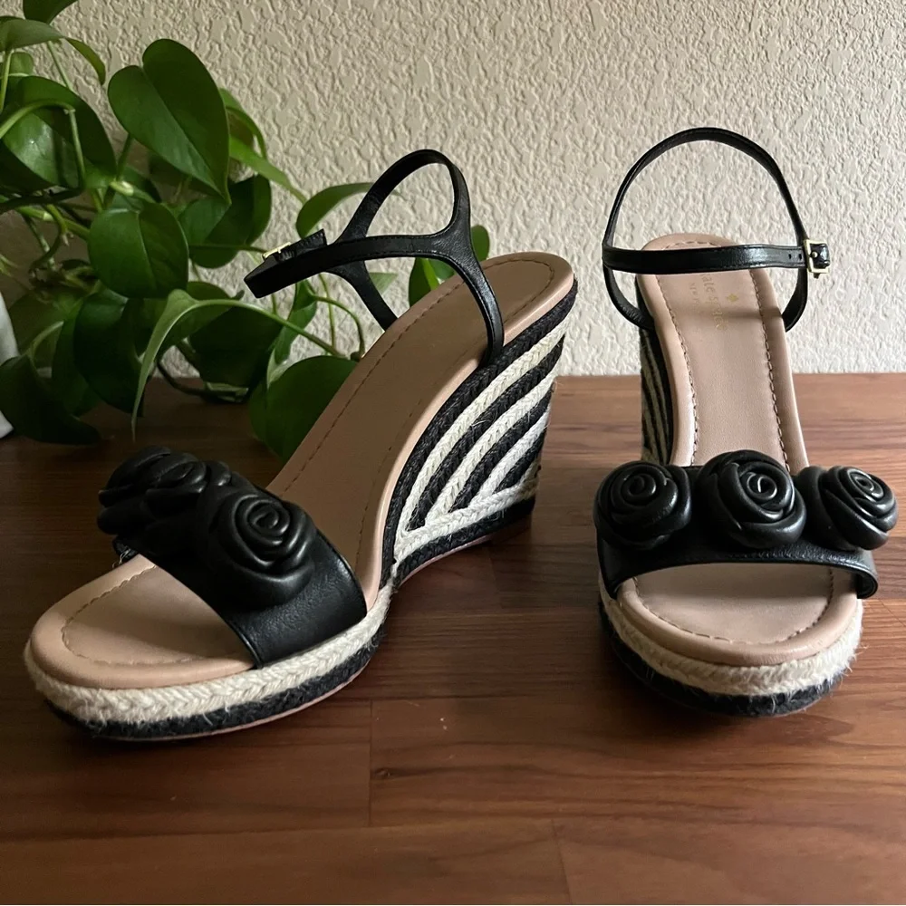 Kate Spade New York Jill Rosette Black Cream Espadrille Platform Wedge Sandals